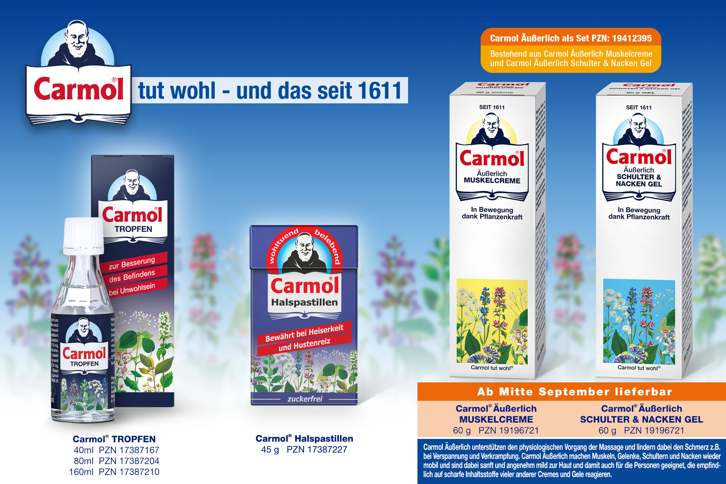 Carmol Tropfen, Carmol Halspastillen, Carmol äußerlich Muskelcreme, Carmol äußerlich Schulter & Nackengel, weitere produkte